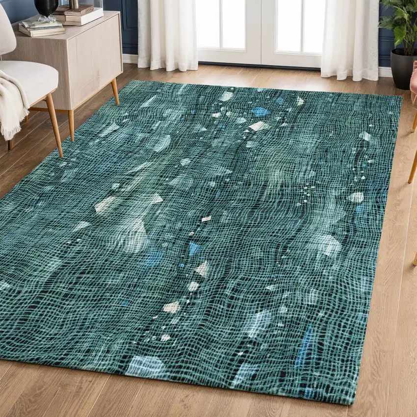 Teal And Ivory Abstract Washable Area Rug With UV Protection Photo 6