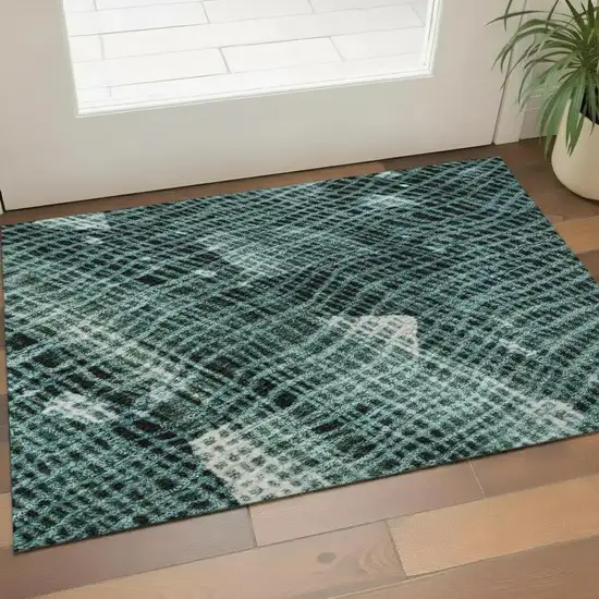 Teal And Ivory Abstract Washable Area Rug With UV Protection Photo 2