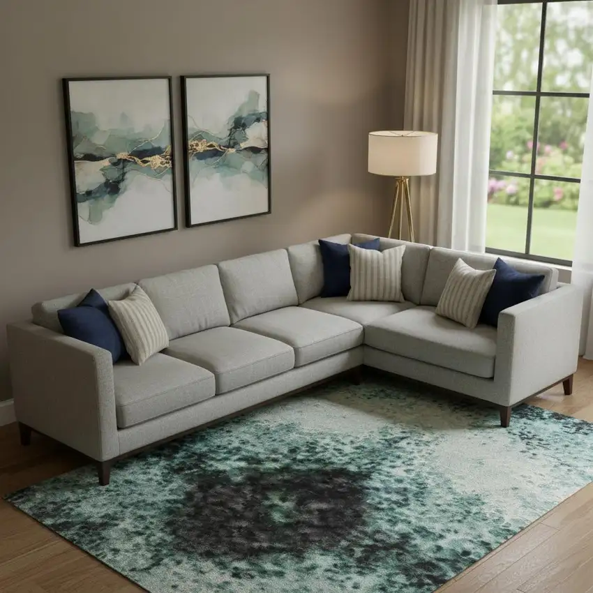 Teal And Ivory Abstract Washable Area Rug With UV Protection Photo 2