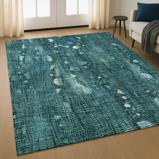 Teal And Ivory Abstract Washable Area Rug With UV Protection Photo 5