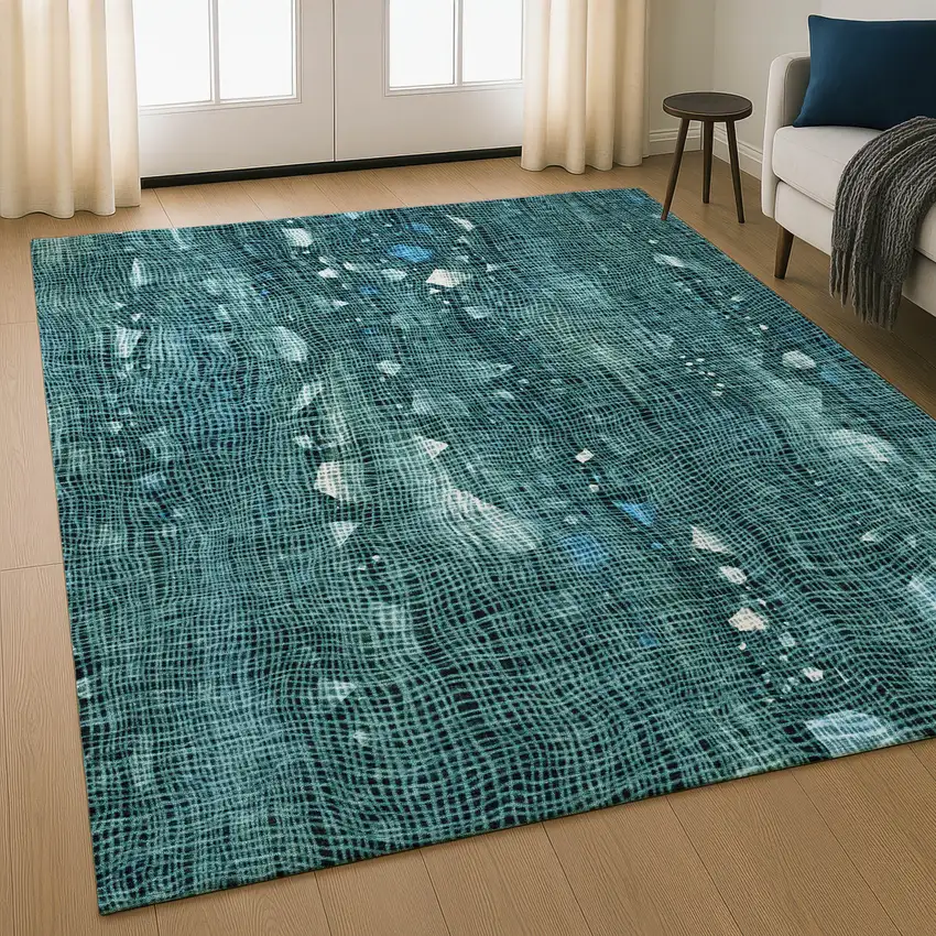 Teal And Ivory Abstract Washable Area Rug With UV Protection Photo 5