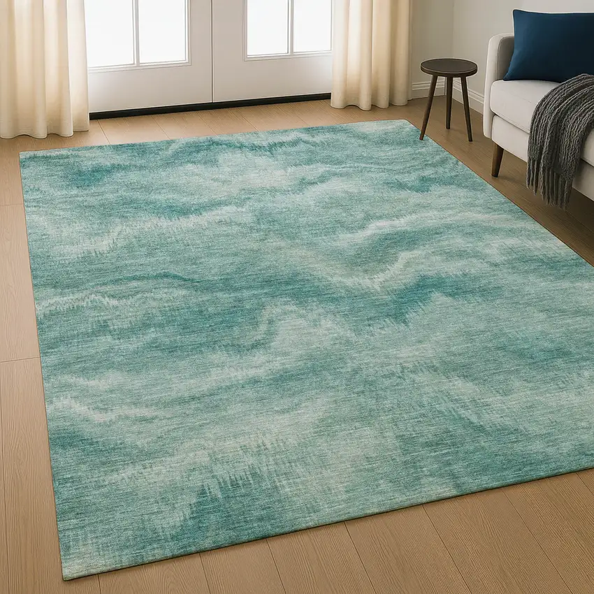 Teal And Ivory Abstract Washable Area Rug With UV Protection Photo 5
