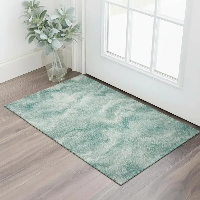 Teal And Ivory Abstract Washable Area Rug With UV Protection Photo 2