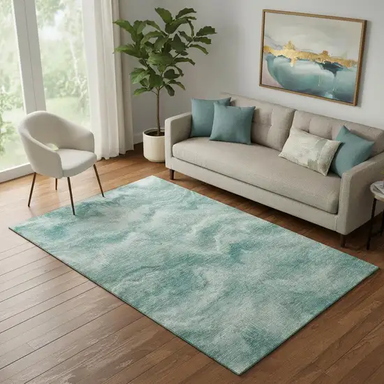 Teal And Ivory Abstract Washable Area Rug With UV Protection Photo 2