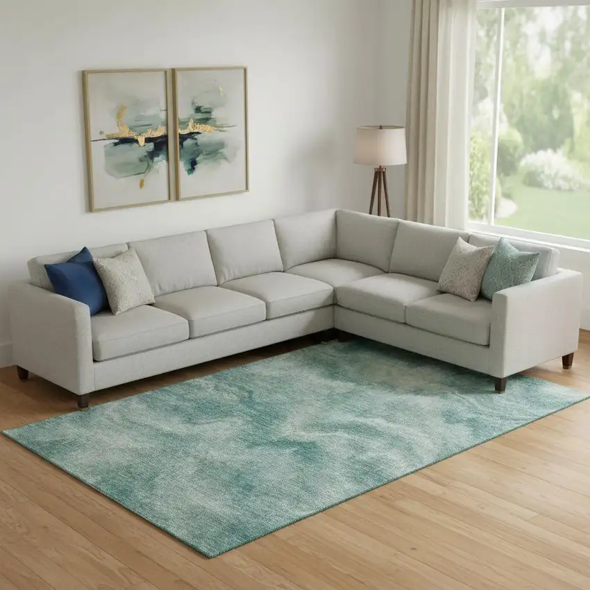 Teal And Ivory Abstract Washable Area Rug With UV Protection Photo 2