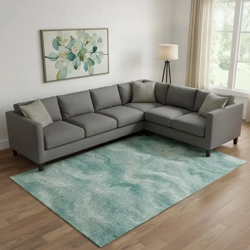 Teal And Ivory Abstract Washable Area Rug With UV Protection Photo 2