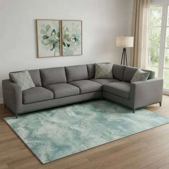 Teal And Ivory Abstract Washable Area Rug With UV Protection Photo 2