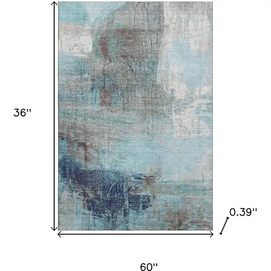 Teal And Ivory Abstract Washable Area Rug With UV Protection Photo 9