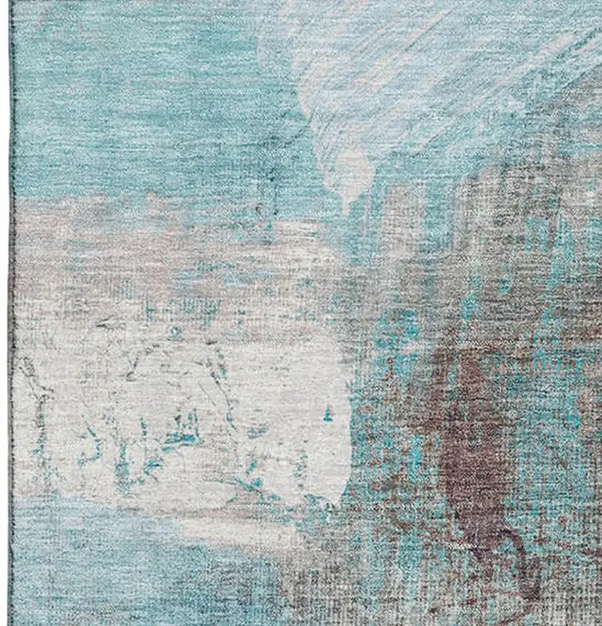 Teal And Ivory Abstract Washable Area Rug With UV Protection Photo 3