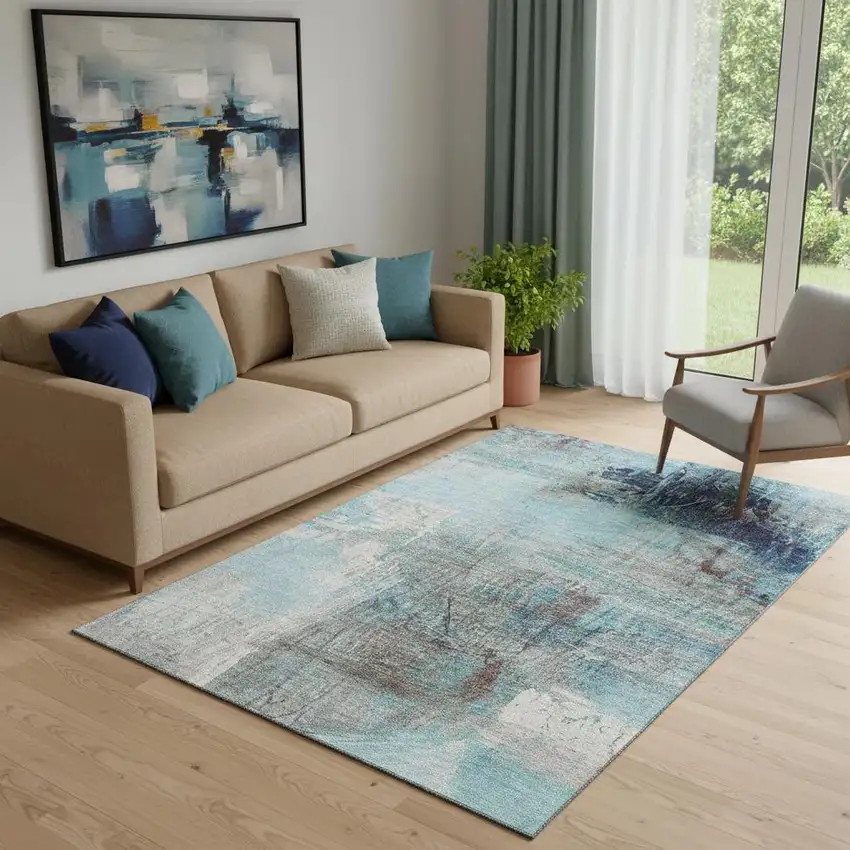 Teal And Ivory Abstract Washable Area Rug With UV Protection Photo 2