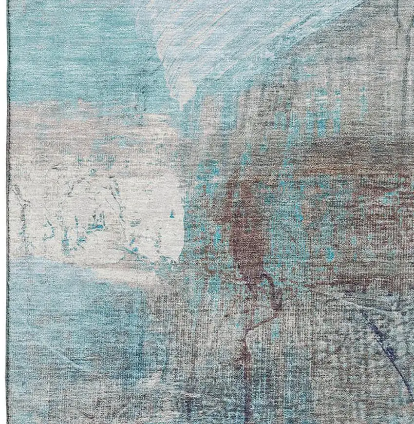 Teal And Ivory Abstract Washable Area Rug With UV Protection Photo 4