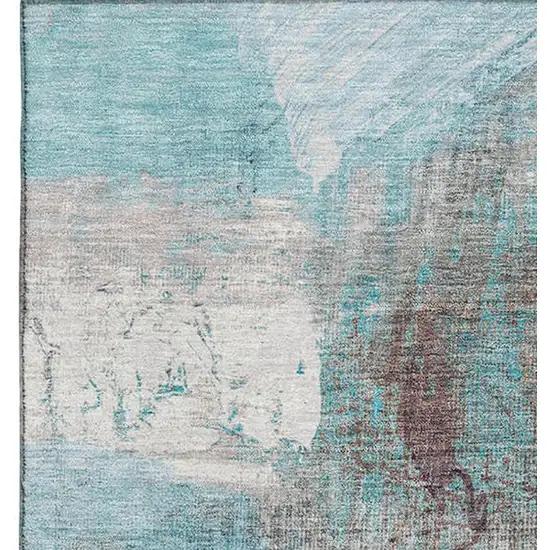 Teal And Ivory Abstract Washable Area Rug With UV Protection Photo 3