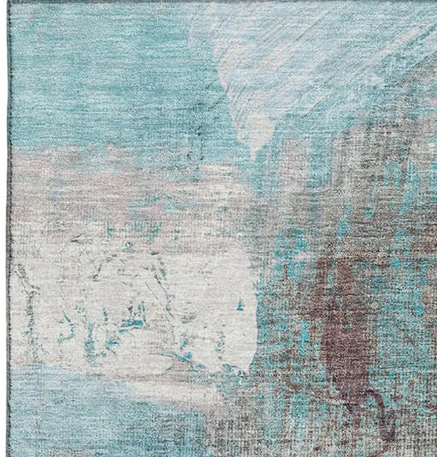 Teal And Ivory Abstract Washable Area Rug With UV Protection Photo 3