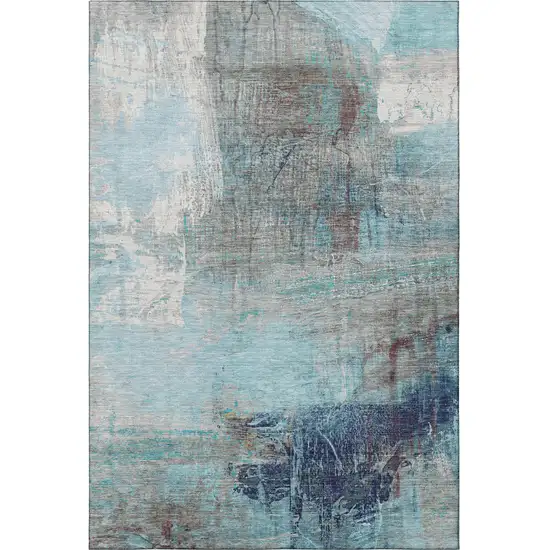 Teal And Ivory Abstract Washable Area Rug With UV Protection Photo 4