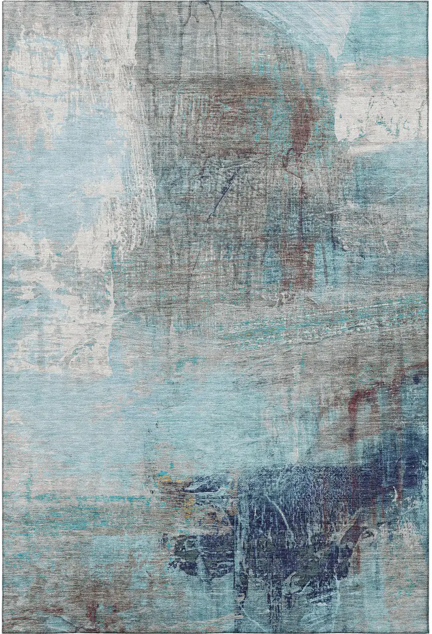Teal And Ivory Abstract Washable Area Rug With UV Protection Photo 4