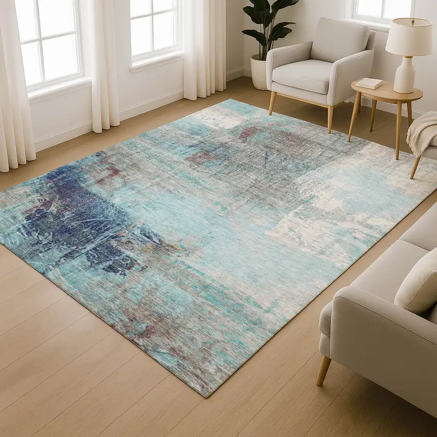 Teal And Ivory Abstract Washable Area Rug With UV Protection Photo 6