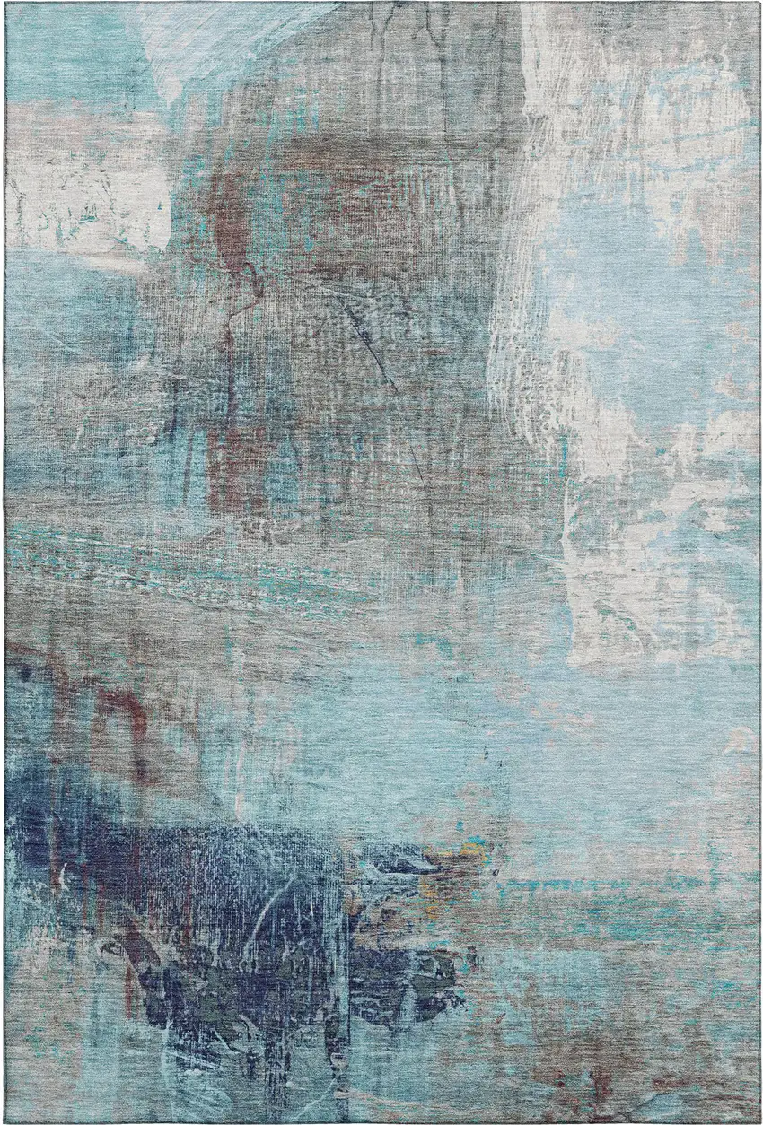 Teal And Ivory Abstract Washable Area Rug With UV Protection Photo 1