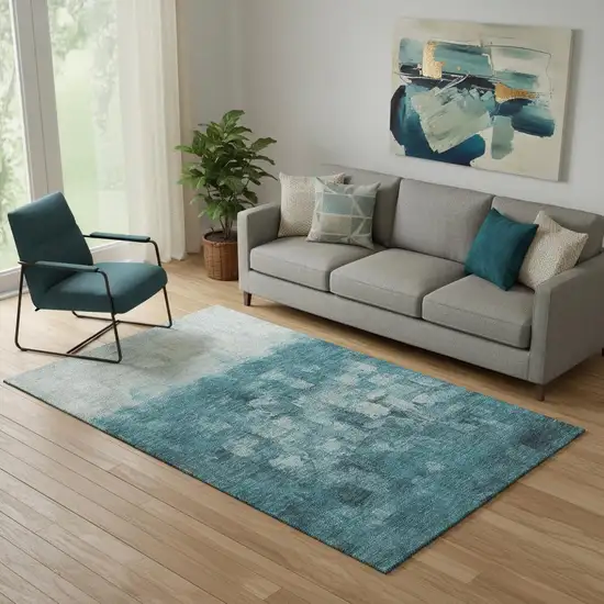 Teal And Ivory Abstract Washable Area Rug With UV Protection Photo 2
