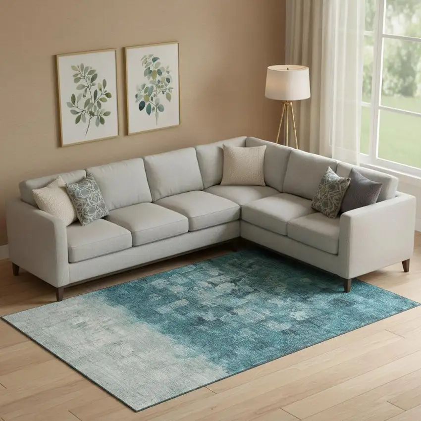 Teal And Ivory Abstract Washable Area Rug With UV Protection Photo 2