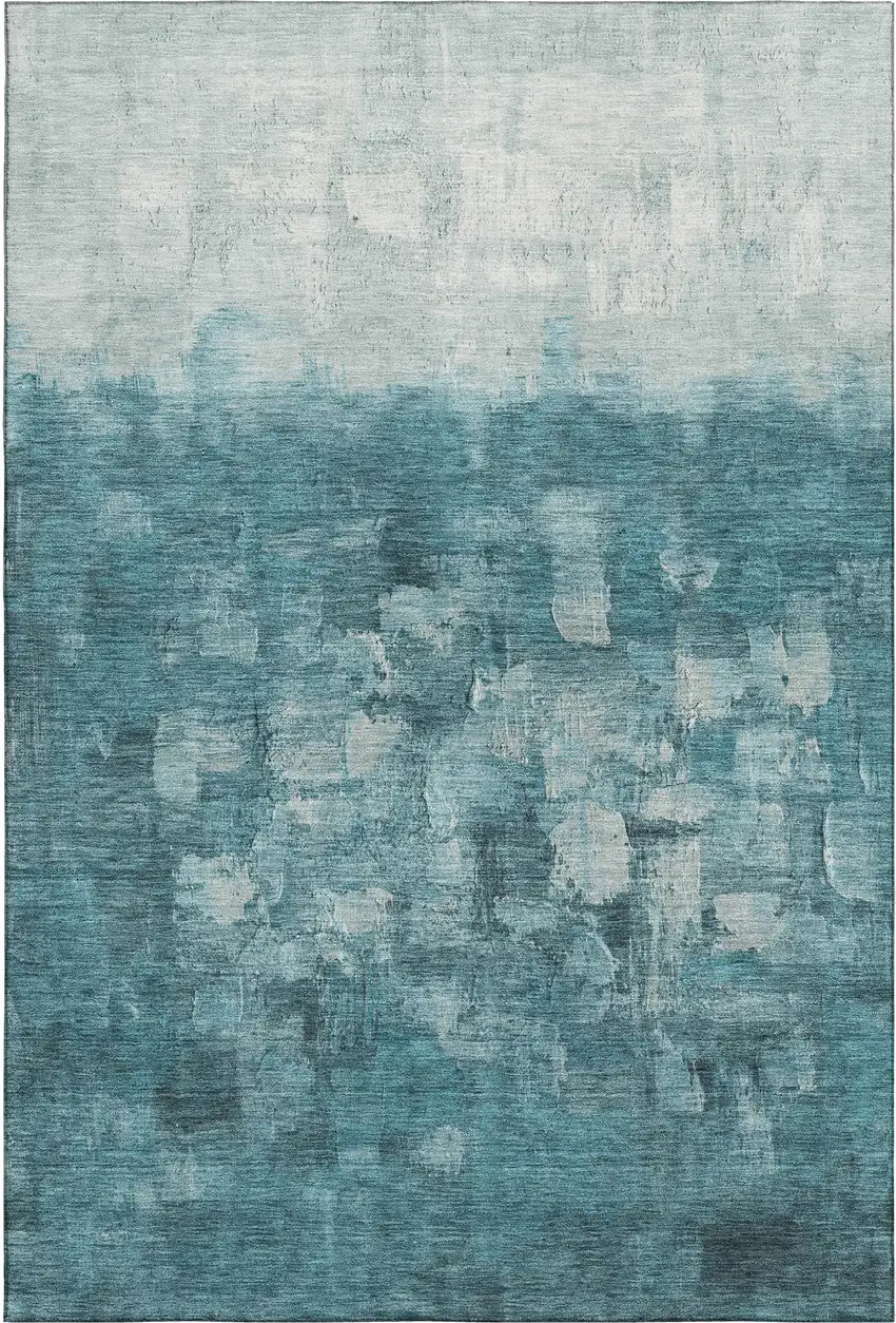 Teal And Ivory Abstract Washable Area Rug With UV Protection Photo 1