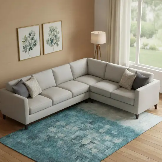 Teal And Ivory Abstract Washable Area Rug With UV Protection Photo 2