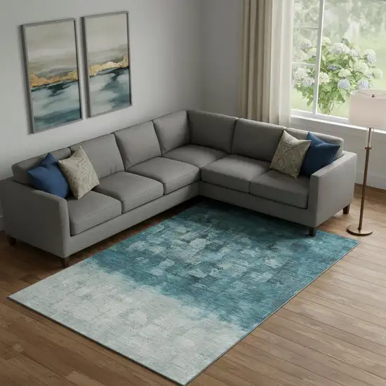 Teal And Ivory Abstract Washable Area Rug With UV Protection Photo 2