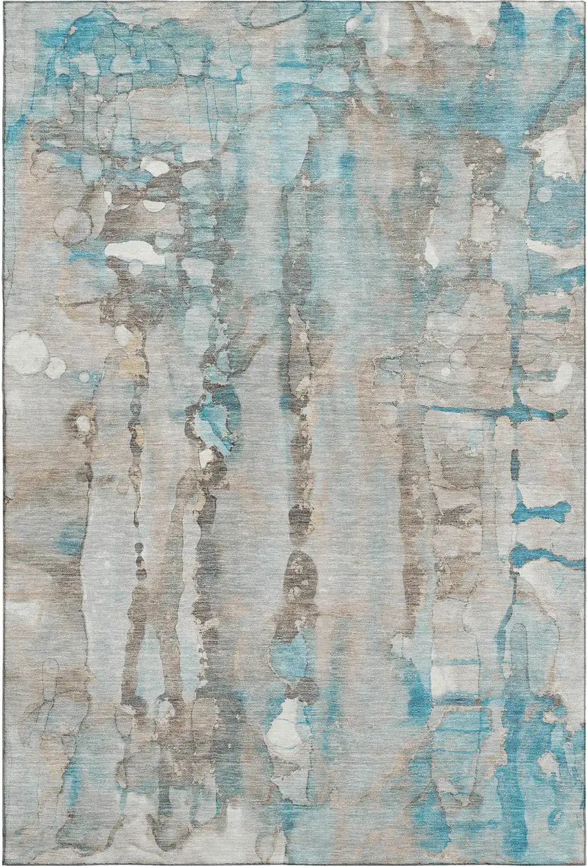 Teal And Ivory Abstract Washable Area Rug With UV Protection Photo 1