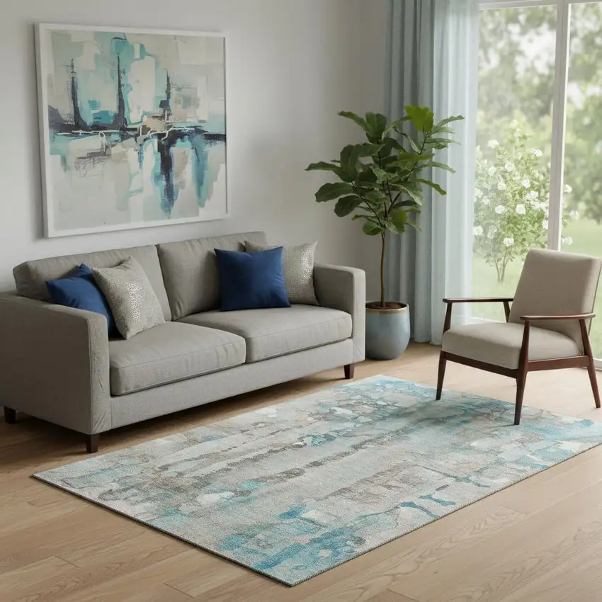 Teal And Ivory Abstract Washable Area Rug With UV Protection Photo 2