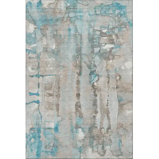 Teal And Ivory Abstract Washable Area Rug With UV Protection Photo 4