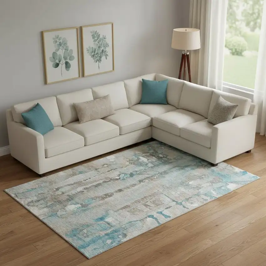 Teal And Ivory Abstract Washable Area Rug With UV Protection Photo 2