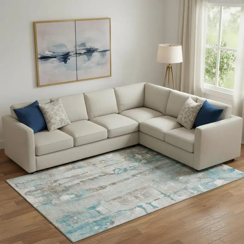 Teal And Ivory Abstract Washable Area Rug With UV Protection Photo 2