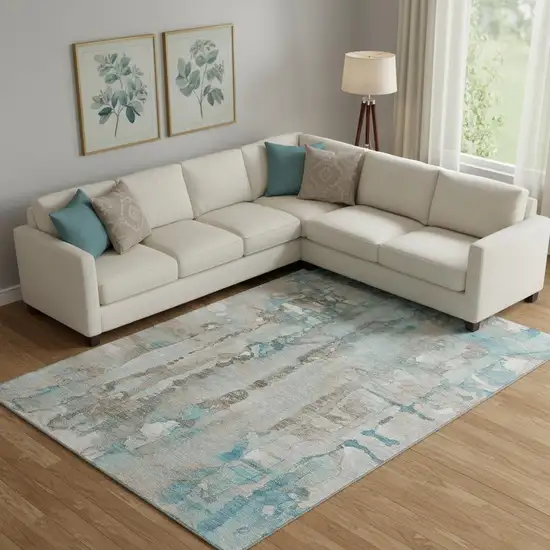 Teal And Ivory Abstract Washable Area Rug With UV Protection Photo 2
