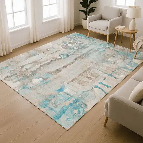 Teal And Ivory Abstract Washable Area Rug With UV Protection Photo 6