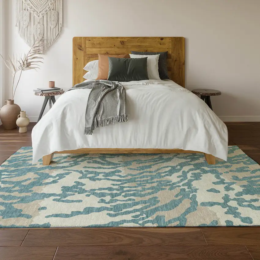 Teal And Ivory Animal Print Washable Area Rug With UV Protection Photo 6