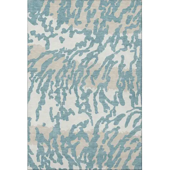 Teal And Ivory Animal Print Washable Area Rug With UV Protection Photo 4