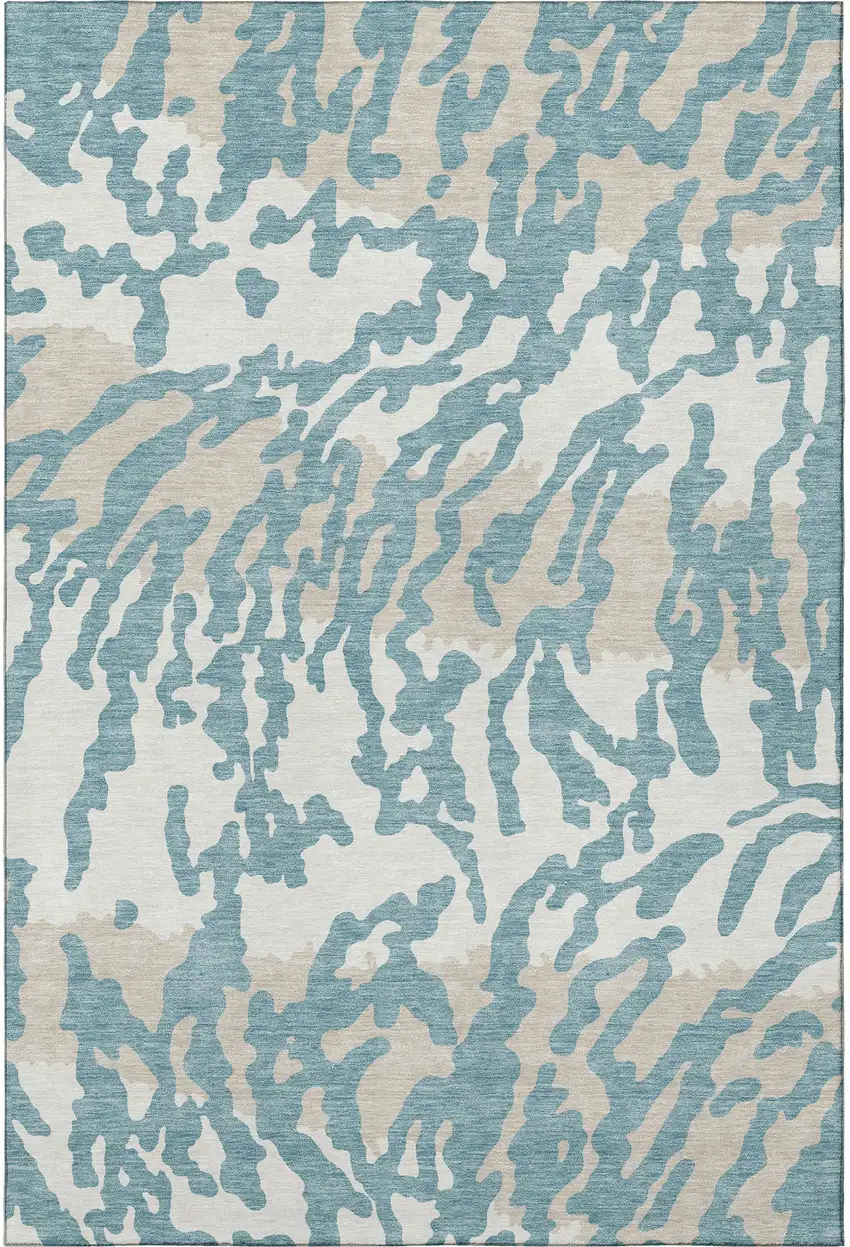 Teal And Ivory Animal Print Washable Area Rug With UV Protection Photo 4