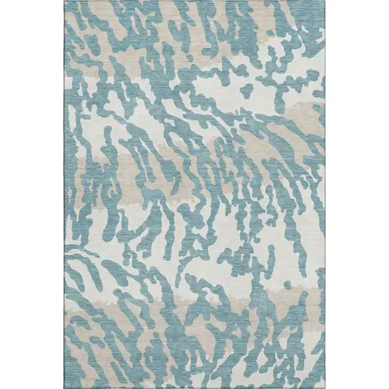 Teal And Ivory Animal Print Washable Area Rug With UV Protection Photo 1