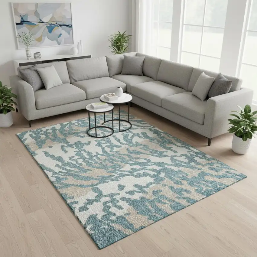 Teal And Ivory Animal Print Washable Area Rug With UV Protection Photo 2