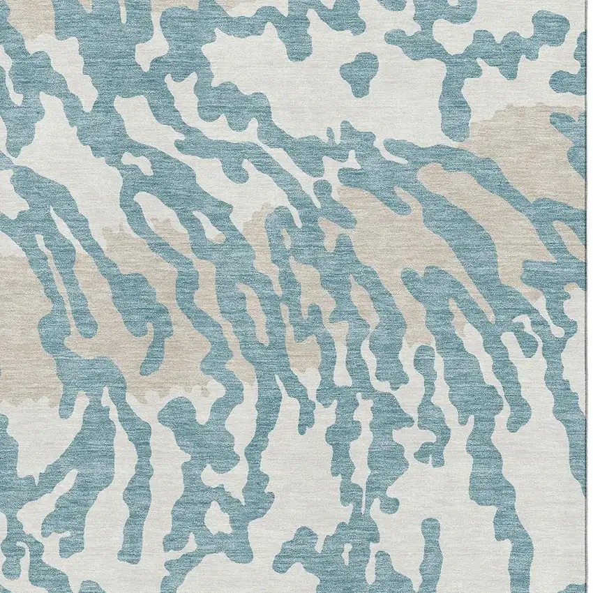 Teal And Ivory Animal Print Washable Area Rug With UV Protection Photo 3