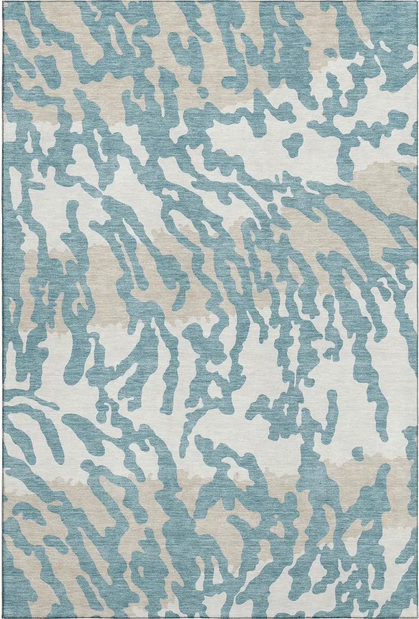 Teal And Ivory Animal Print Washable Area Rug With UV Protection Photo 1