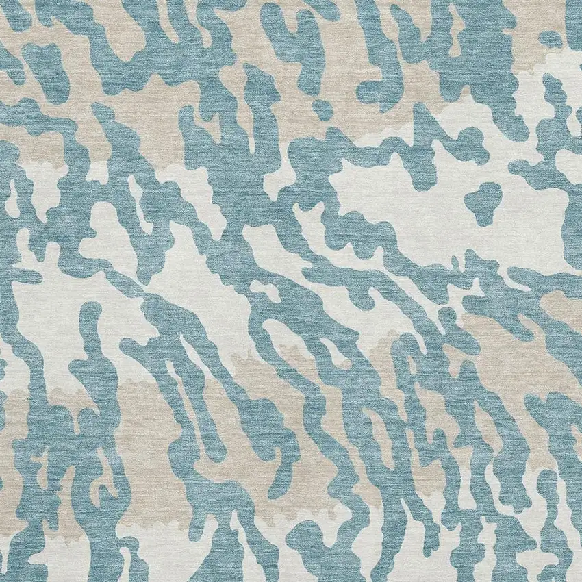 Teal And Ivory Animal Print Washable Area Rug With UV Protection Photo 3