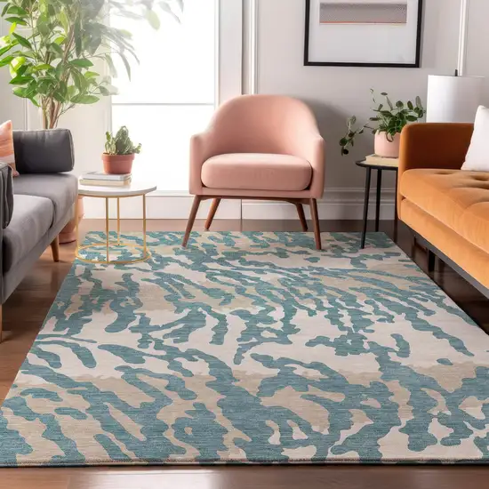 Teal And Ivory Animal Print Washable Area Rug With UV Protection Photo 5