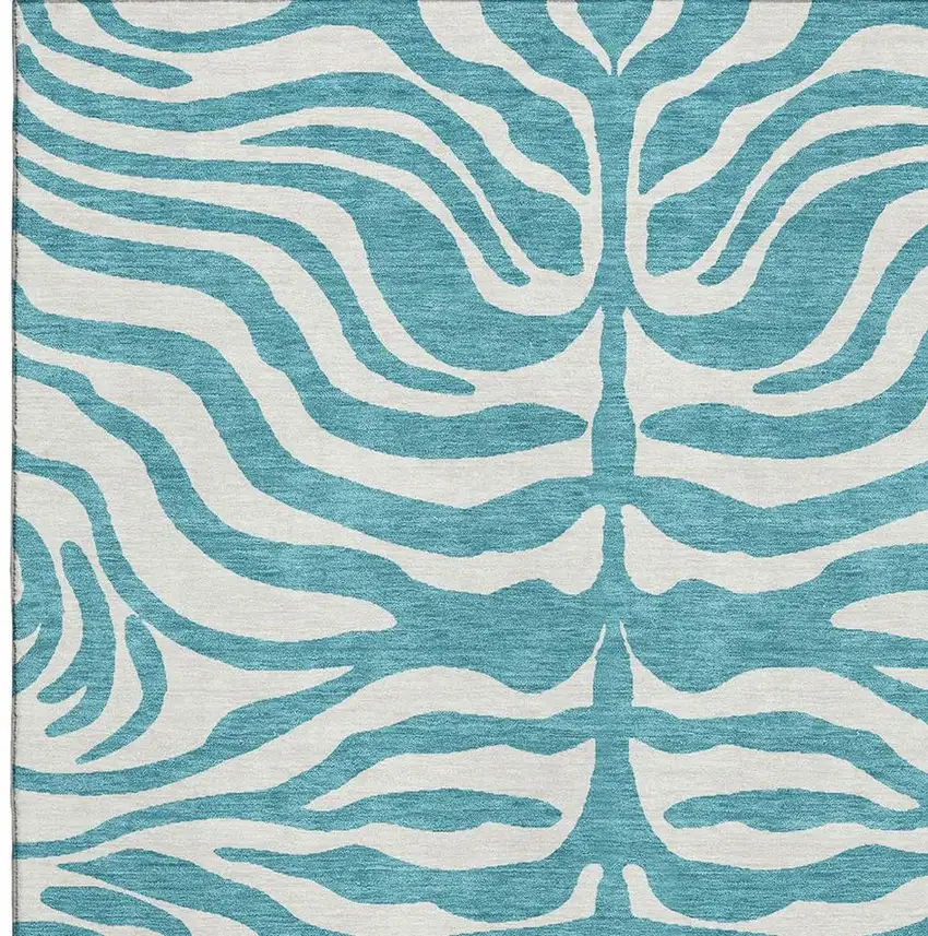 Teal And Ivory Animal Print Washable Area Rug With UV Protection Photo 3