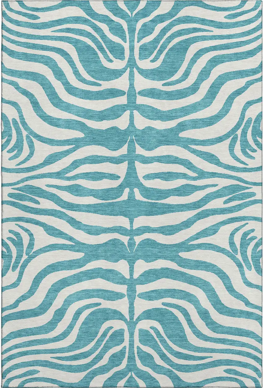 Teal And Ivory Animal Print Washable Area Rug With UV Protection Photo 5