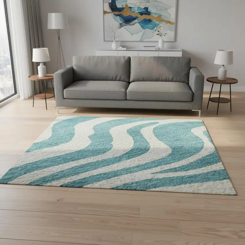Teal And Ivory Animal Print Washable Area Rug With UV Protection Photo 2