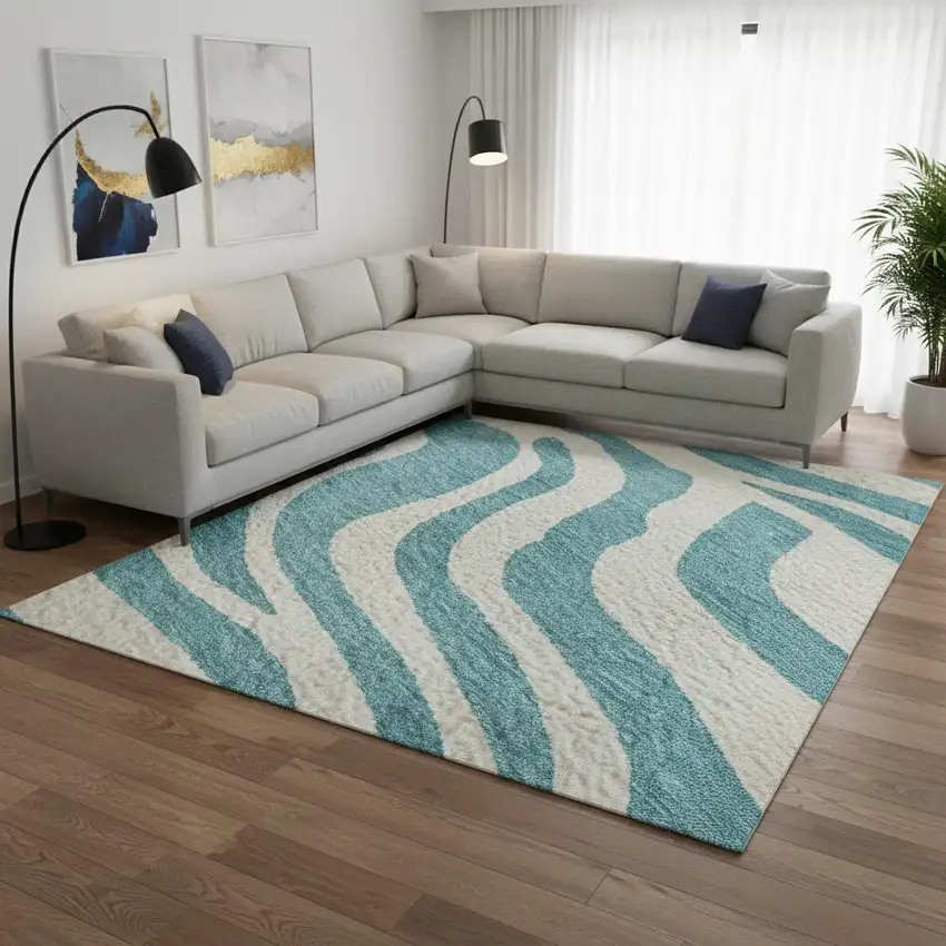 Teal And Ivory Animal Print Washable Area Rug With UV Protection Photo 2