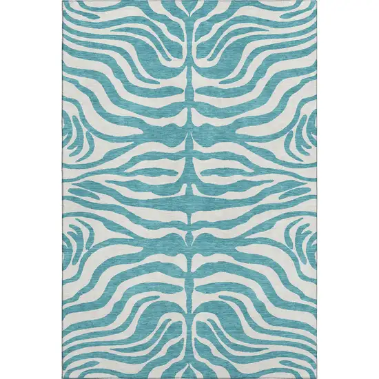 Teal And Ivory Animal Print Washable Area Rug With UV Protection Photo 6