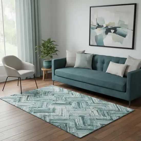 Teal And Ivory Chevron Washable Area Rug With UV Protection Photo 1