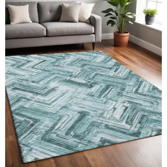 Teal And Ivory Chevron Washable Area Rug With UV Protection Photo 2