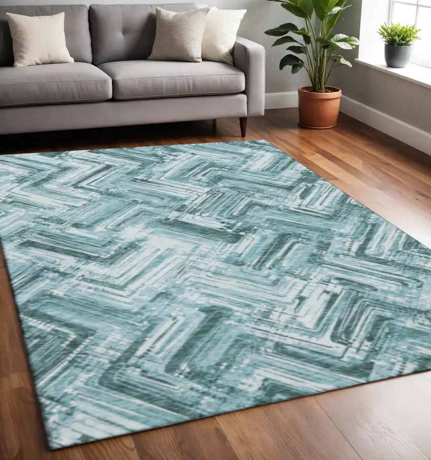 Teal And Ivory Chevron Washable Area Rug With UV Protection Photo 2